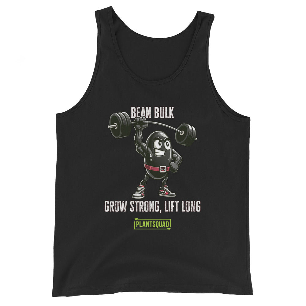 The Plantsquad Black Bean "Bean Bulk Grow Strong Lift Long" - Unisex Tank Top features a cartoon bean character lifting a barbell with the text "BEAN BULK" above and "GROW STRONG, LIFT LONG" below. Perfect for gym enthusiasts embracing a plant-based lifestyle, it has the logo "PLANTSQUAD" in green at the bottom. The bean wears red gloves, a red belt, and red shoes.