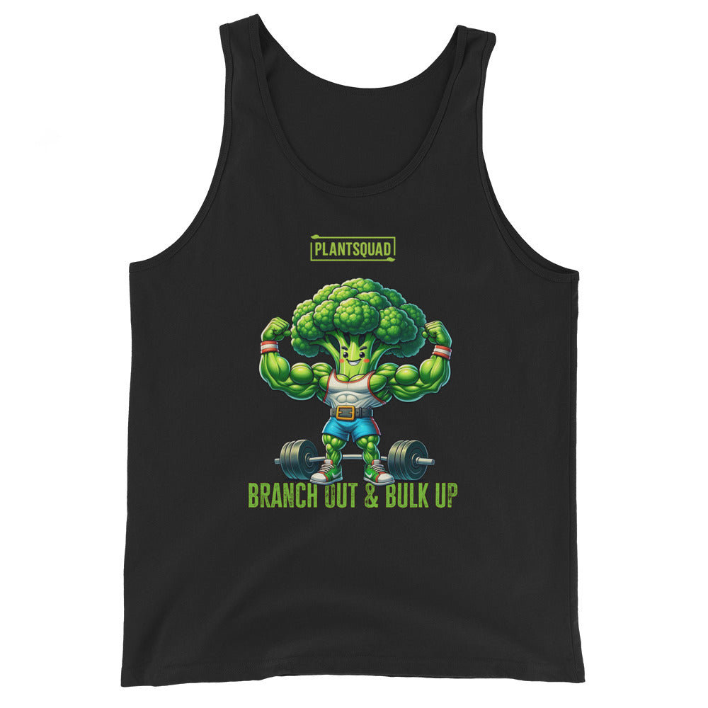 A Plantsquad Broccoli "Branch Out & Bulk Up" - Unisex Tank Top featuring a cartoon broccoli character with muscular arms lifting a barbell. Designed for vegan gym enthusiasts, it has the text "PLANTSQUAD" above the character and "BRANCH OUT & BULK UP?" below, all printed on breathable fabric ideal for your plant-based lifestyle.