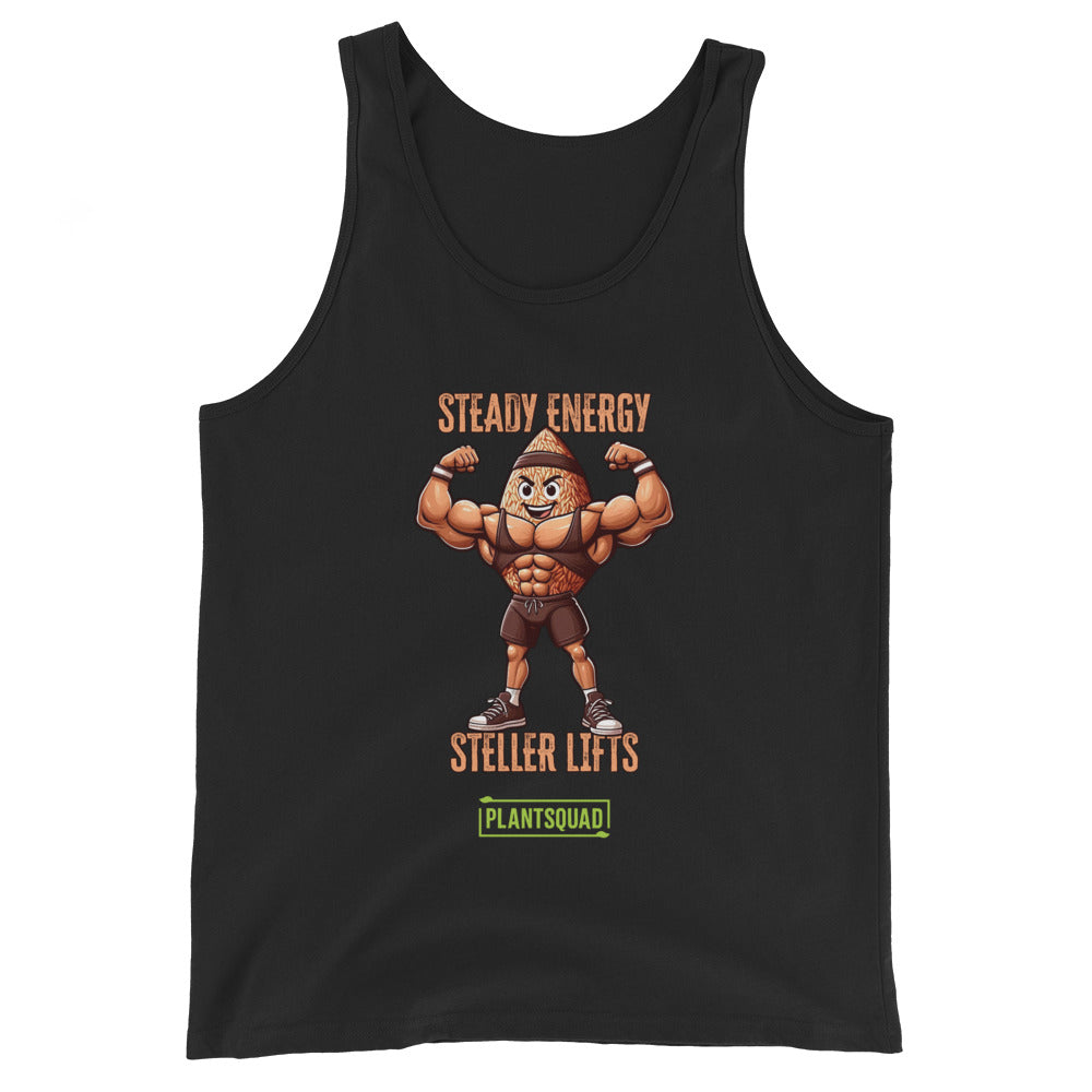 A Plantsquad Brown Rice "Steady Energy Steller Lifts" - Unisex Tank Top featuring a cartoon nut character flexing muscles. Above the character, the text reads "STEADY ENERGY." Below, it says "STELLER LIFTS." At the bottom, there's a green rectangle with the word "PLANTSQUAD," perfect for a plant-based lifestyle.