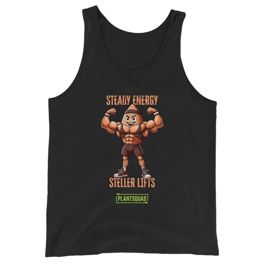 A Plantsquad Brown Rice "Steady Energy Steller Lifts" - Unisex Tank Top featuring a cartoon nut character flexing muscles. Above the character, the text reads "STEADY ENERGY." Below, it says "STELLER LIFTS." At the bottom, there's a green rectangle with the word "PLANTSQUAD," perfect for a plant-based lifestyle.