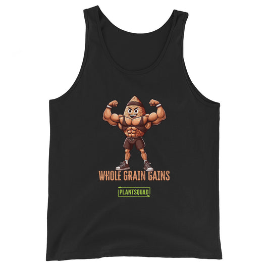 A black tank top features an illustration of a muscular, anthropomorphic grain of wheat flexing its biceps. Below the image, text reads "WHOLE GRAIN GAINS" in orange with the logo "PLANTSQUAD" in green underneath. Perfect for a plant-based lifestyle or as part of your vegan gym clothing collection, this is the Plantsquad Brown Rice "Whole Grain Gains" - Unisex Tank Top.