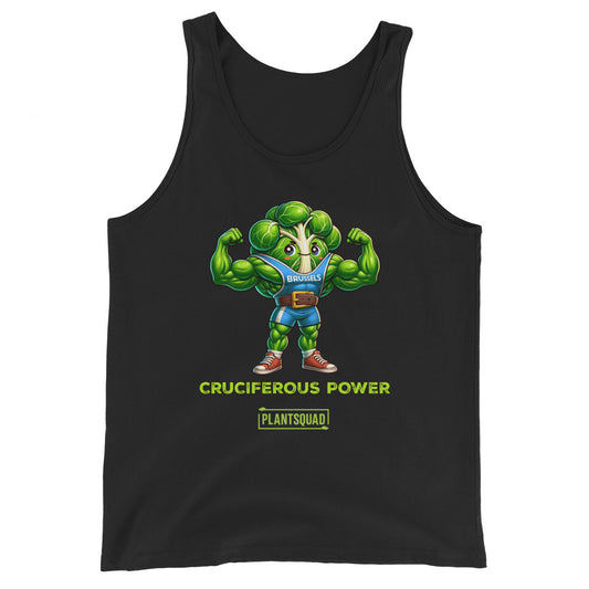 A black vegan tank top featuring a muscular animated character resembling broccoli with the word "BRUHLS" on its hat. The character is flexing its arm muscles. Text below reads "CRUCIFEROUS POWER" and "PLANTSQUAD," perfect for those embracing a plant-based lifestyle or looking for workout clothing, as seen in the Plantsquad Brussel Sprout "Cruciferous Power" - Unisex Tank Top.