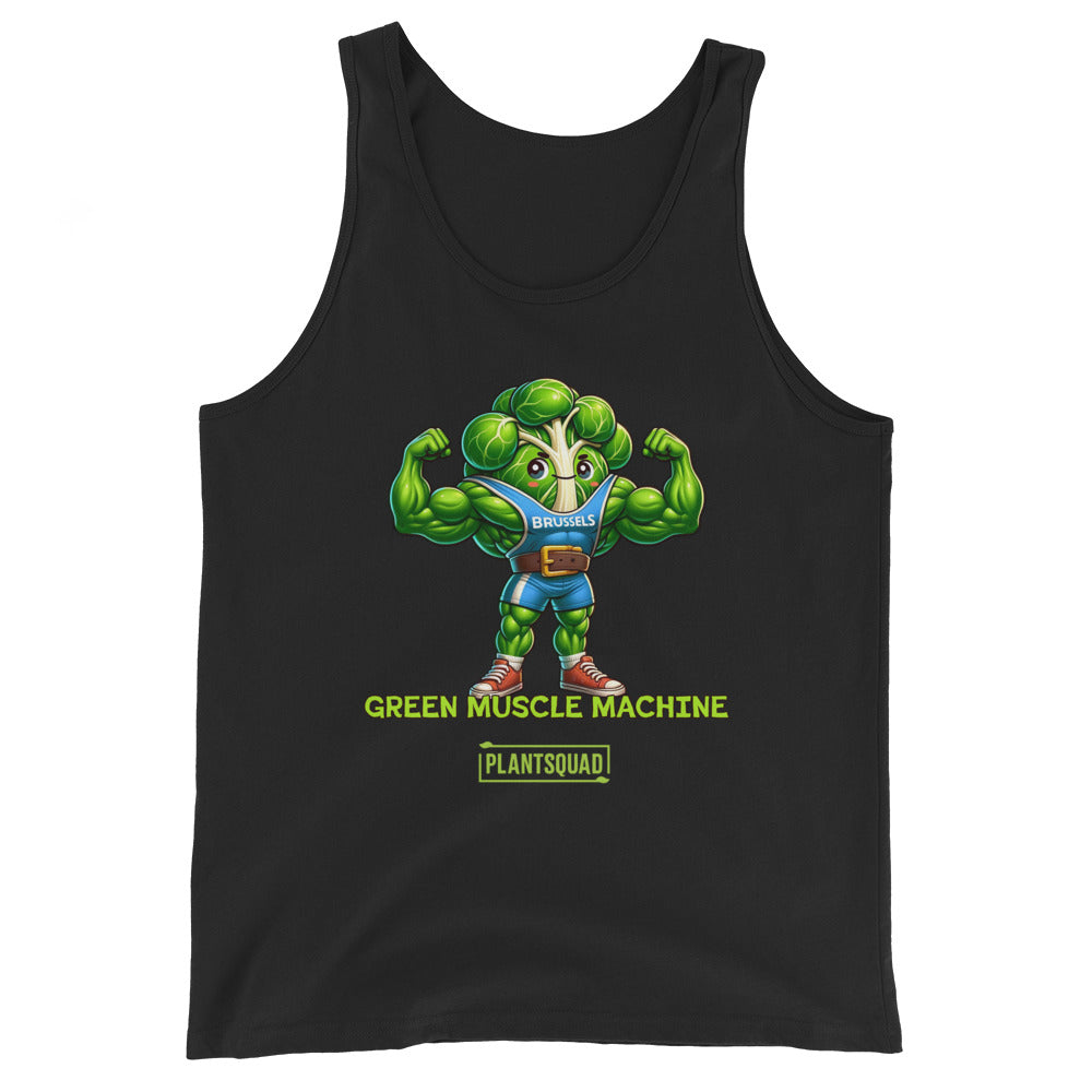 The Plantsquad Brussel Sprout "Green Muscle Machine" - Unisex Tank Top features a muscular, anthropomorphic Brussels sprout character flexing its arms. The character wears a blue shirt with "Brussels" on it. Below, the text reads "GREEN MUSCLE MACHINE" and "PLANTSQUAD." Perfect for gym enthusiasts who embrace the vegan lifestyle.