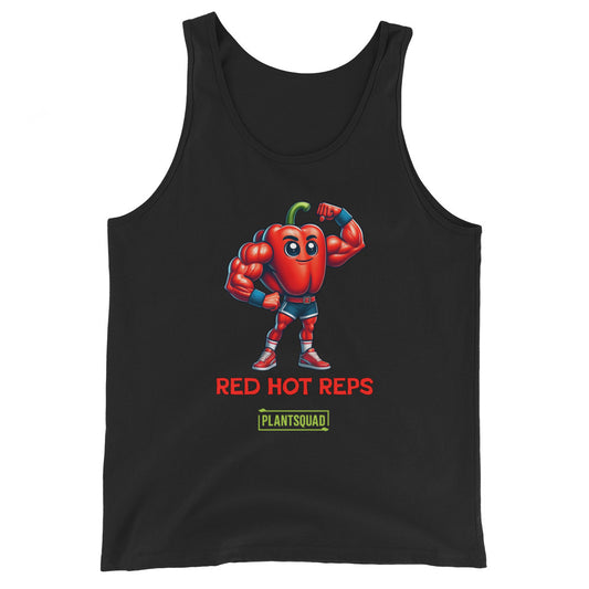 A black tank top features a muscular anthropomorphic red pepper wearing red and blue gym attire. The pepper is flexing its muscles. Text below reads "RED HOT REPS," with a green "PLANTSQUAD" logo beneath, perfect for gym enthusiasts embracing the vegan lifestyle. Introducing the Plantsquad Capsicum "Red Hot Reps" - Unisex Tank Top!