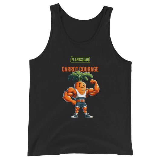 A black tank top featuring a muscular cartoon carrot with leafy green hair flexing its biceps. Above the carrot, “PLANTSQUAD” is written in green text, and below, “CARROT COURAGE” is in orange text. Perfect for gym enthusiasts embracing a vegan lifestyle, it's made from breathable fabric for maximum comfort. Introducing the Plantsquad Carrot "Carrot Courage" - Unisex Tank Top.