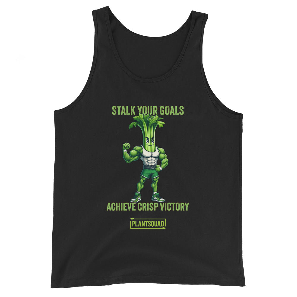 A Plantsquad Celery "Stalk Your Goals Achieve Crisp Victory" - Unisex Tank Top featuring an animated muscular celery character with a green body and determined expression. Above and below the character are the phrases, "Stalk Your Goals" and "Achieve Crisp Victory," respectively, in green text. This premium workout tank top is perfect for those embracing a plant-based lifestyle. A "PlantSquad" logo is at the bottom.