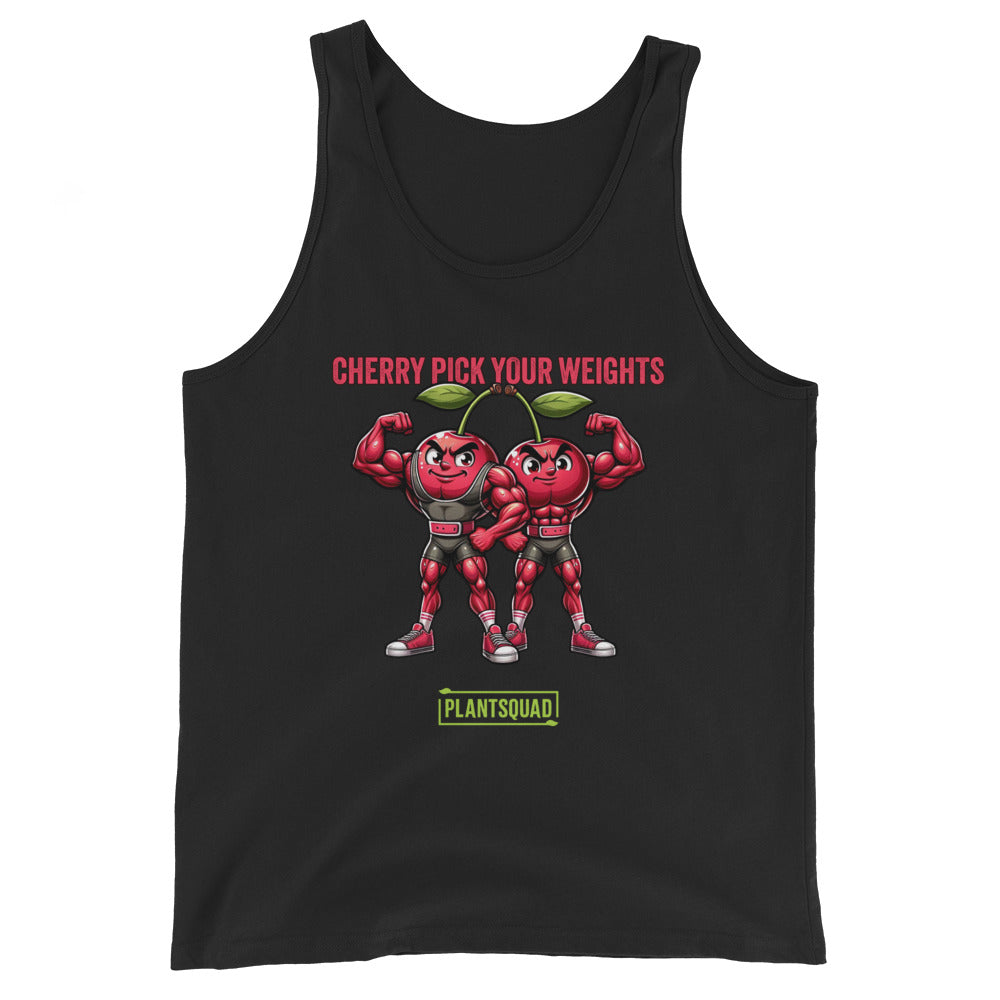 A black workout tank top featuring two muscular cartoon cherries flexing their biceps. Above them, red text reads "CHERRY PICK YOUR WEIGHTS," and below them, green text on a white background proudly states "Plantsquad." Perfect for vegans dedicated to fitness, this is the Plantsquad Cherries "Cherry Pick Your Weights" - Unisex Tank Top.