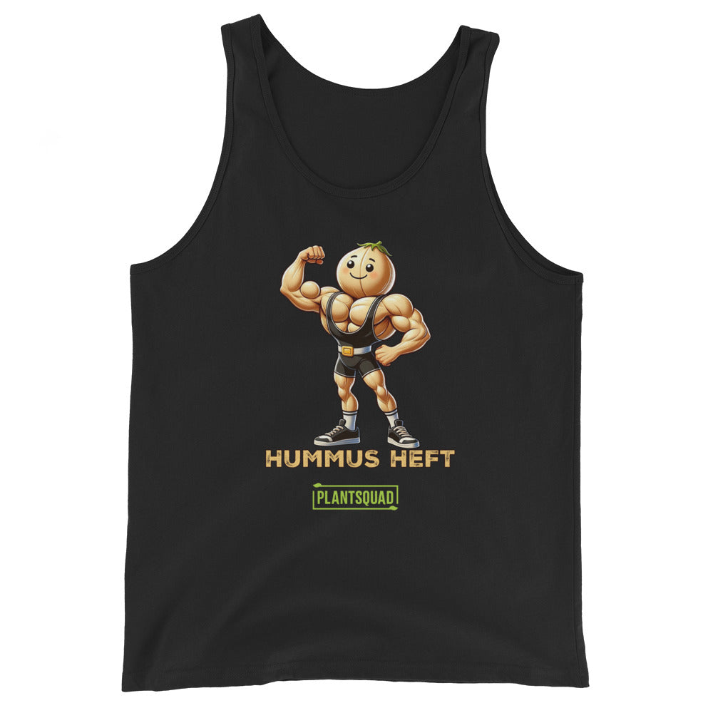 A black tank top made from breathable fabric, featuring an illustration of a muscular chickpea character flexing its arm, with the text "Hummus Heft" and a small green label reading "PlantSquad," perfect for a vegan workout tank top that celebrates the plant-based lifestyle can be replaced with Plantsquad Chickpea "Hummus Heft" - Unisex Tank Top.