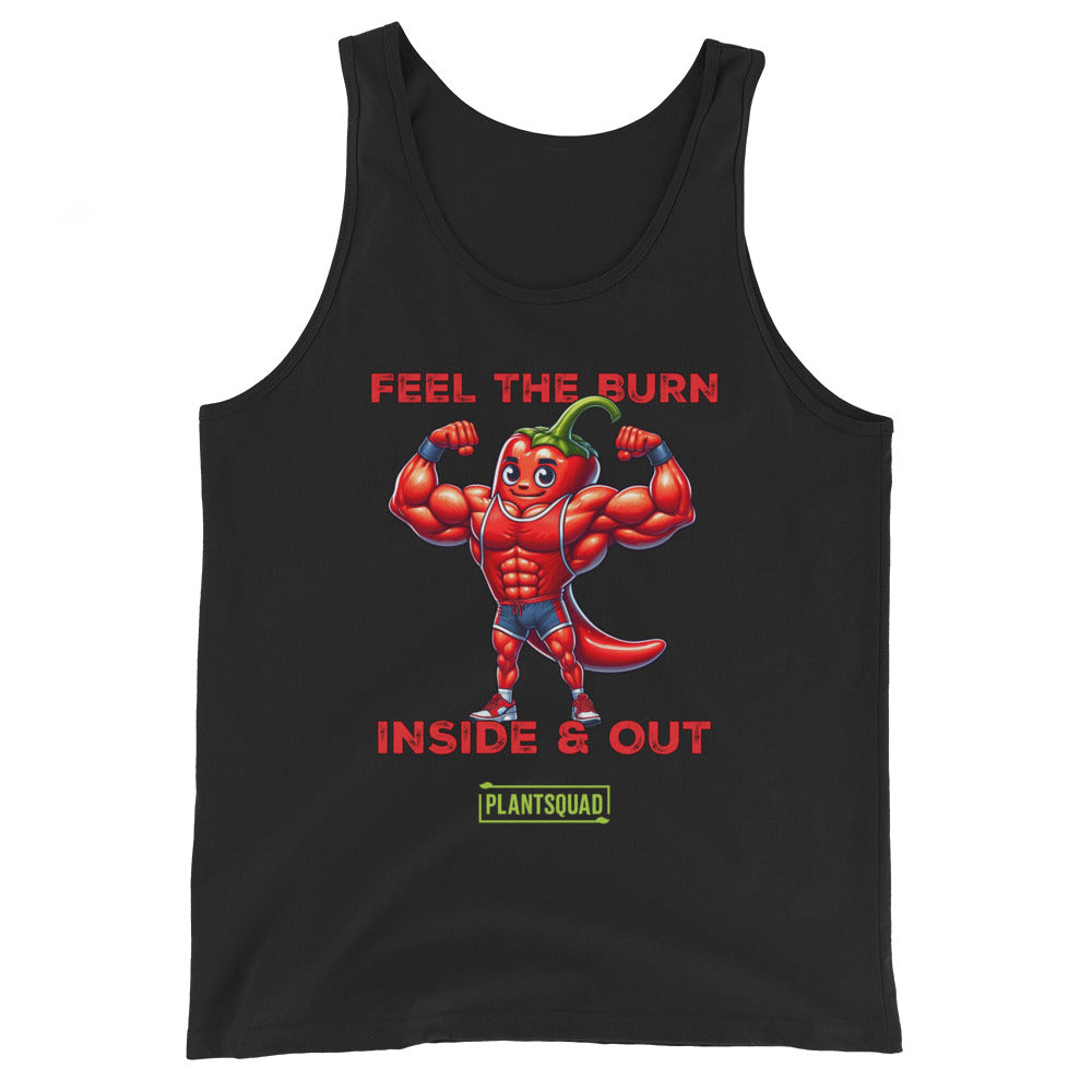 A black vegan tank top featuring a cartoon image of a muscular chili pepper flexing its biceps. The text above the image reads "FEEL THE BURN," and below it, "INSIDE & OUT." Crafted from premium breathable fabric, this Plantsquad Chilli "Feel The Burn Inside & Out" - Unisex Tank Top displays “PLANTSQUAD” at the bottom, perfect for showcasing your workout potential.