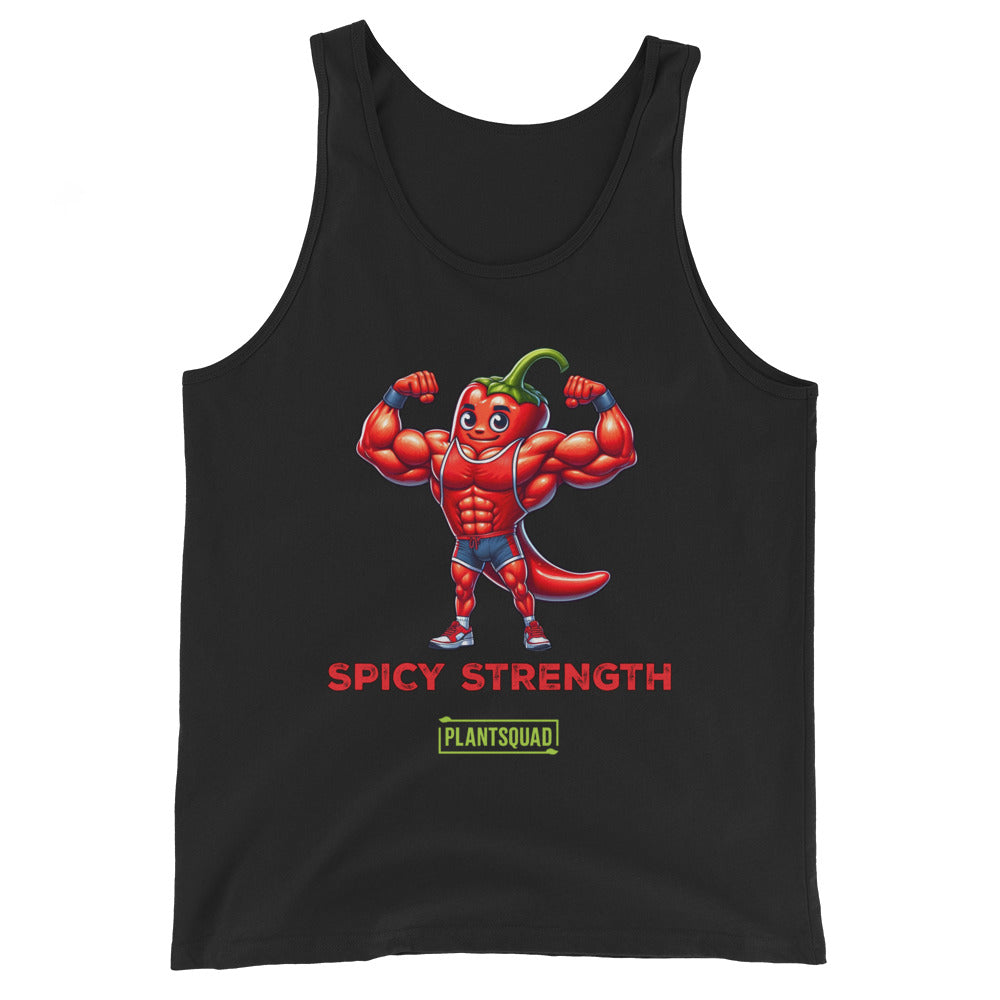 A black Plantsquad Chilli "Spicy Strength" - Unisex Tank Top featuring a muscular cartoon chili pepper flexing its biceps. Beneath the pepper, the text reads "SPICY STRENGTH" in red, with a green label below it that says "PLANTSQUAD." Ideal for gym enthusiasts and those embracing a plant-based lifestyle.