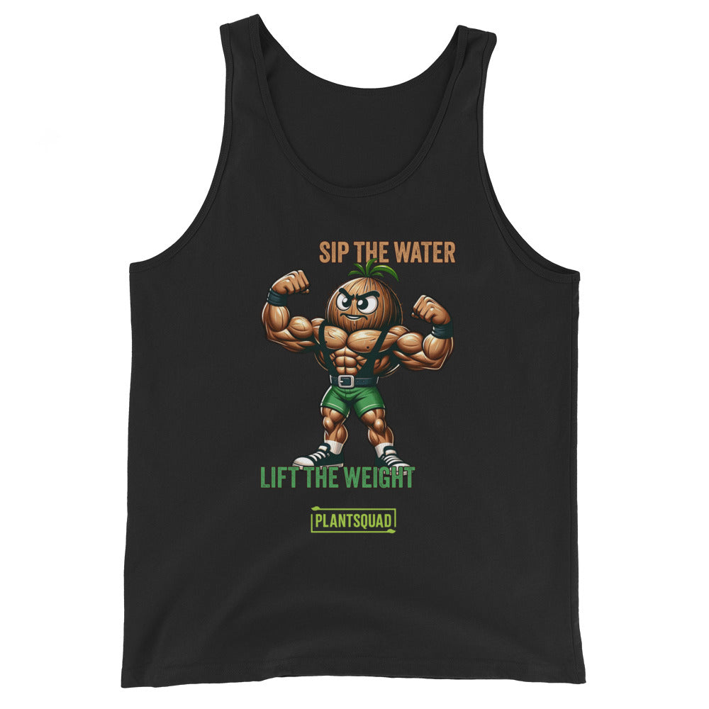 A black Plantsquad Coconut "Sip The Water Lift The Weight" - Unisex Tank Top featuring a muscular cartoon broccoli flexing its biceps. It has the text "SIP THE WATER" in orange, "LIFT THE WEIGHT" in green, and "PLANTSQUAD" in a green box at the bottom. Perfect for gym enthusiasts embracing a plant-based lifestyle.