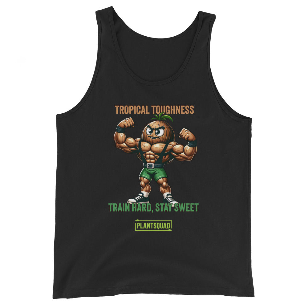 Sure, here's the sentence with the product name replaced:

The Plantsquad Coconut "Tropical Toughness Train Hard Stay Sweet" - Unisex Tank Top is a black sleeveless tank top featuring an illustration of a muscular anthropomorphic pineapple flexing its biceps. The text "Tropical Toughness" is written above the pineapple, and "Train Hard, Stay Sweet" along with "Plant Squad" is written below it—perfect vegan gym wear for a plant-based lifestyle.