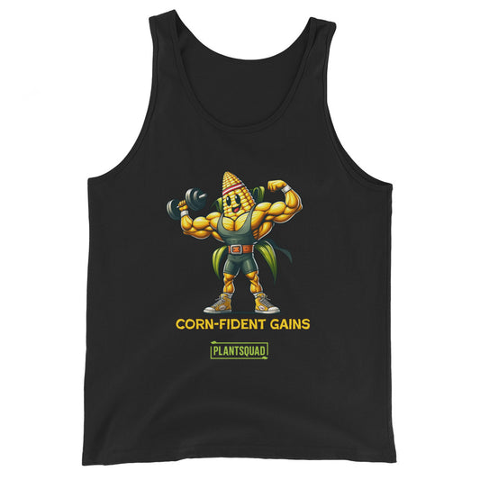 A black gym tank top featuring a muscular cartoon corn on the cob lifting a dumbbell. The corn character has sunglasses and a confident expression. The text below reads "CORN-FIDENT GAINS" and "PLANTSQUAD." Perfect for those seeking vegan workout clothes with style, this is the Plantsquad Corn "Corn-fident Gains" - Unisex Tank Top!