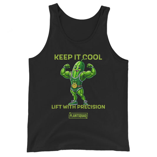 The **Plantsquad Cucumber "Keep It Cool Lift With Precision" - Unisex Tank Top** features a muscular pickle with a weight belt flexing its biceps. Above the pickle, it says "KEEP IT COOL,” and below it says "LIFT WITH PRECISION." Made from breathable fabric, the bottom text reads “PLANTSQUAD” in a logo design. Perfect gym wear for plant-powered strength.