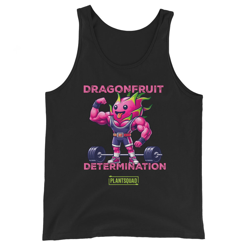 The Plantsquad Dragonfruit "Dragonfruit Determination" - Unisex Tank Top is a sleeveless black tank, showcasing a muscular, anthropomorphic dragon fruit character in a bodybuilding pose. Perfect for intense training sessions, it features "DRAGONFRUIT DETERMINATION" above and below the character, with a "PLANTSQUAD" logo at the bottom.