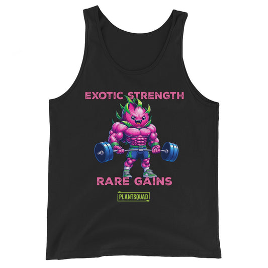 A Plantsquad Dragonfruit "Exotic Strength Rare Gains" - Unisex Tank Top featuring a muscular, anthropomorphic dragonfruit character lifting a barbell with blue weights. The shirt has the text "EXOTIC STRENGTH" above the character and "RARE GAINS" below. Perfect for those embracing a vegan gym wear lifestyle, the "PLANTSQUAD" logo is present at the bottom.