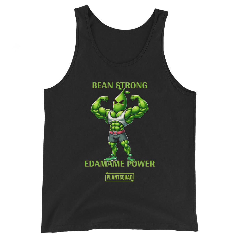 A black Plantsquad Edamame "Bean Strong Edamame Power" - Unisex Tank Top featuring an illustration of an anthropomorphic edamame bean flexing its arm muscles, perfect for gym enthusiasts. Above it in green text, it says "BEAN STRONG," and below it, "EDAMAME POWER." At the bottom, there is a green logo with the text "PLANTSQUAD." Embrace the vegan lifestyle!