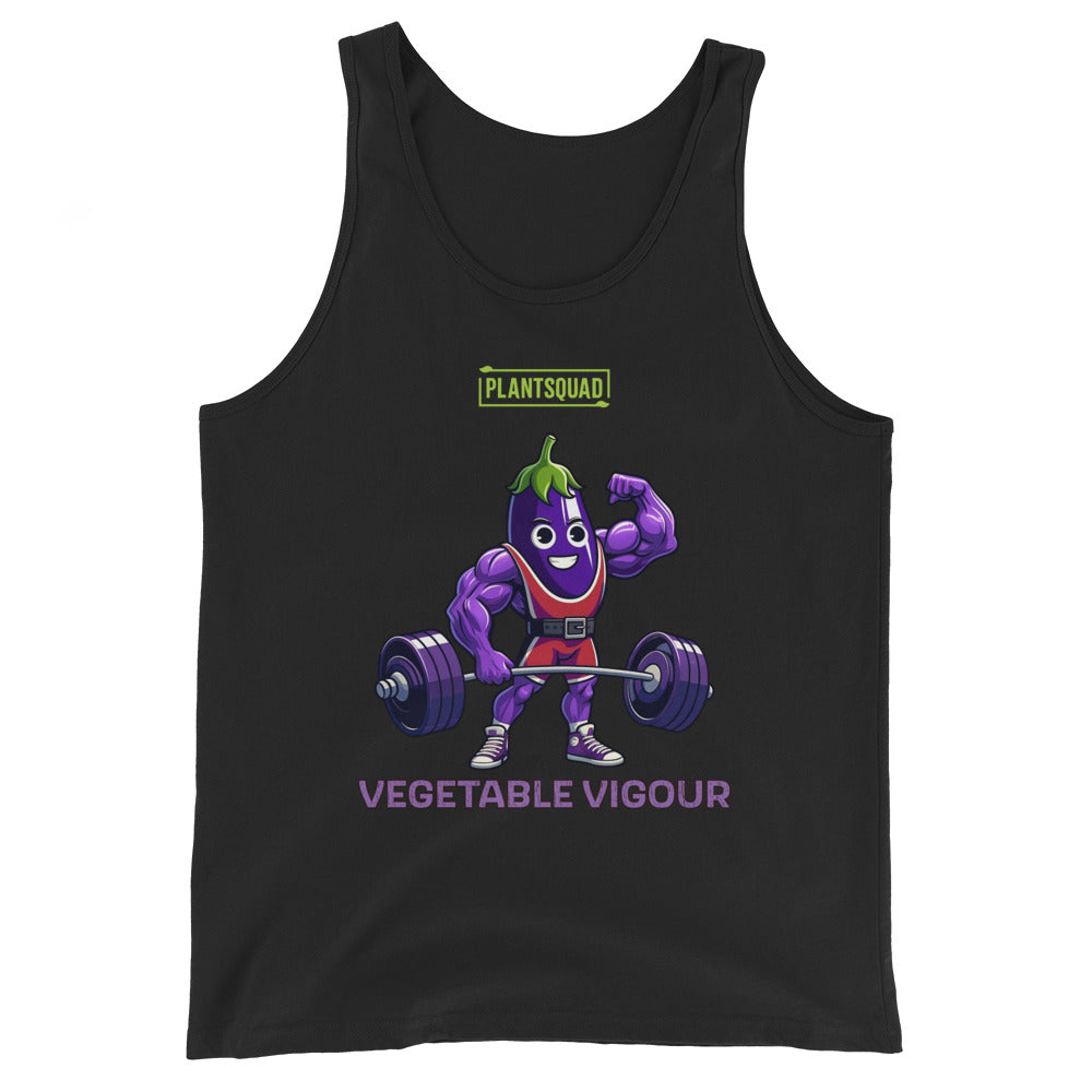 Black vegan tank top featuring a muscular, purple cartoon eggplant character lifting heavy barbells. The eggplant is smiling and flexing one arm. Perfect for gym enthusiasts with a plant-based lifestyle, this top has "PLANT SQUAD" above the character and "VEGETABLE VIGOUR" below in bold text. Introducing the Plantsquad Eggplant "Vegetable Vigour" - Unisex Tank Top.