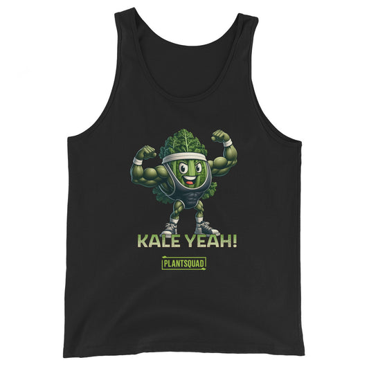 A Plantsquad Kale "Kale Yeah!" - Unisex Tank Top featuring an illustrated cartoon kale character with muscular arms, wearing sneakers, and flexing its biceps. Below the character, the text reads "KALE YEAH!" Above the text "PLANTSQUAD" in a small rectangular box. Made from premium breathable fabric for those embracing a plant-based lifestyle.