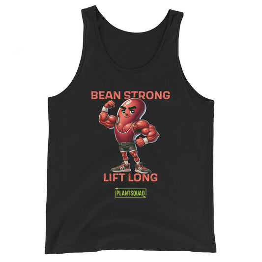 The Plantsquad Kidney Bean "Bean Strong Lift Long" - Unisex Tank Top in black features a cartoon kidney bean character flexing its muscles. Above the character, the text reads "Bean Strong Lift Long." At the bottom, a green and yellow label states "PLANTSQUAD," celebrating your plant-based lifestyle.