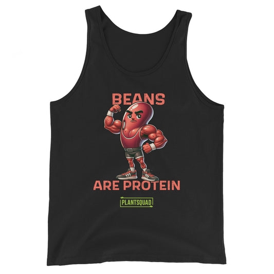 A Plantsquad Kidney Bean "Beans Are Protein" - Unisex Tank Top featuring an illustration of a muscular, flexing bean with an angry expression. The text "BEANS ARE PROTEIN" is displayed above and below the illustration. Embrace your plant-based lifestyle in this breathable workout clothing, complete with a green "PLANTSQUAD" logo at the bottom.