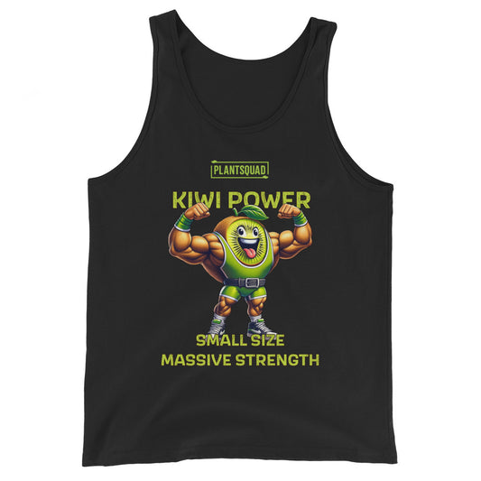 A black Plantsquad Kiwi "Kiwi Power Small Size Massive Strength" - Unisex Tank Top featuring a muscly kiwi cartoon character flexing its biceps. Above the character, it says "PLANTSQUAD KIWI POWER" in green text. Below, it reads "SMALL SIZE MASSIVE STRENGTH" in white text—perfect for those embracing a plant-based lifestyle or seeking vegan gym clothing.