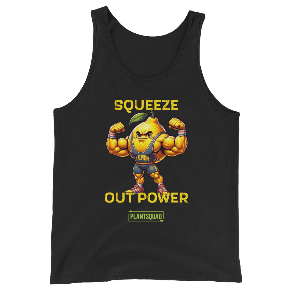 A Plantsquad Lemon "Squeeze Out Power" - Unisex Tank Top featuring a muscular cartoon lemon flexing its arms. The text above the lemon reads "SQUEEZE OUT POWER," and below it is "PLANTSQUAD." Perfect for anyone embracing a plant-based lifestyle, the lemon character is wearing a headband and sneakers.