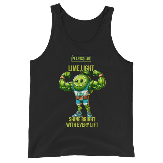 A Plantsquad Lime "Lime Light Shine Bright With Every Lift" - Unisex Tank Top features an illustration of a muscular lime lifting weights. The text reads "PLANTSQUAD LIME LIGHT SHINE BRIGHT WITH EVERY LIFT." The lime character, symbolizing a plant-based lifestyle, is flexing its arms, wearing a white headband and weightlifting belt.