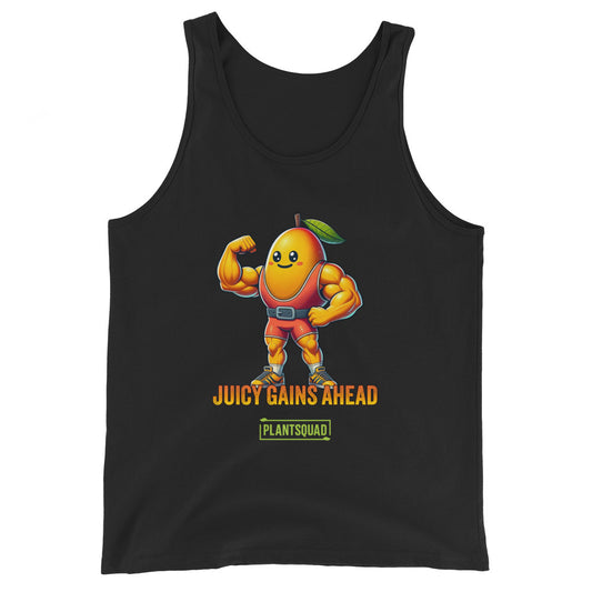 A black tank top crafted from breathable fabric, featuring a muscular, anthropomorphized mango with a leaf on its head, flexing its biceps. Below the mango, the text reads "JUICY GAINS AHEAD" in bold orange letters, with "PLANTSQUAD" written within a green box underneath—perfect for gym enthusiasts living a plant-based lifestyle. This is the Plantsquad Mango "Juicy Gains Ahead" - Unisex Tank Top.