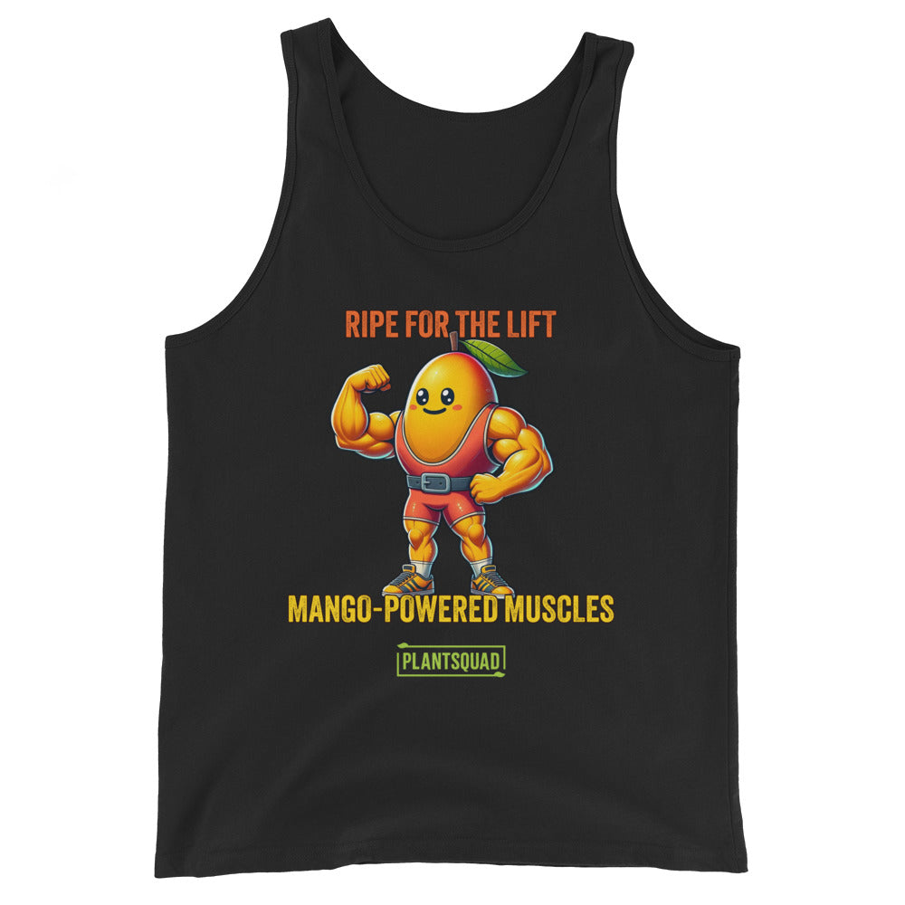 Graphic on a Plantsquad Mango "Ripe For The Lift Mango-Powered Muscles" - Unisex Tank Top featuring a muscular, anthropomorphic mango flexing its arms. The text above the mango reads, "RIPE FOR THE LIFT," and below it reads, "MANGO-POWERED MUSCLES." Designed for gym enthusiasts embracing a plant-based lifestyle, the breathable fabric ensures comfort. The logo at the bottom says "PLANTSQUAD.