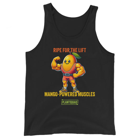 Graphic on a Plantsquad Mango "Ripe For The Lift Mango-Powered Muscles" - Unisex Tank Top featuring a muscular, anthropomorphic mango flexing its arms. The text above the mango reads, "RIPE FOR THE LIFT," and below it reads, "MANGO-POWERED MUSCLES." Designed for gym enthusiasts embracing a plant-based lifestyle, the breathable fabric ensures comfort. The logo at the bottom says "PLANTSQUAD.