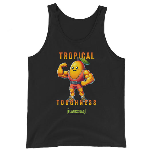 The Plantsquad Mango "Tropical Toughness" - Unisex Tank Top is a black vegan tank top featuring a muscular cartoon mango with a green leaf on its head, flexing its arms. The text above the mango reads "Tropical" and below it reads "Toughness." Underneath, a green banner with "PlantSquad" is displayed. Ideal for those embracing a plant-based lifestyle.