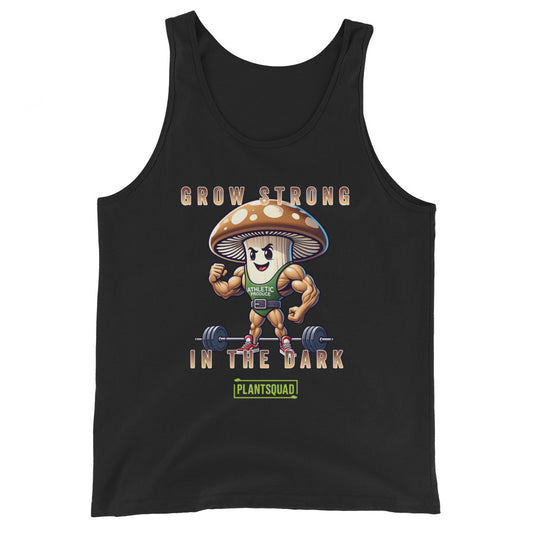 A black Plantsquad Mushroom "Grow Strong In The Dark" - Unisex Tank Top features a cartoon mushroom lifting weights with muscular arms. Text above and below the mushroom reads, "Grow Strong in the Dark - PlantSquad". Perfect for gym enthusiasts embracing a plant-based lifestyle, the mushroom sports a green athletic shirt with "ATHLETIC" on it.