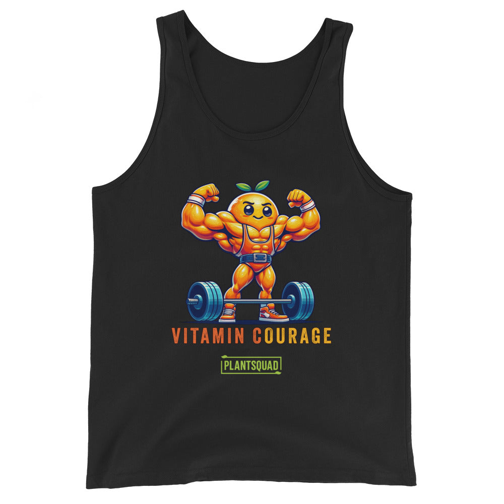 A black gym tank top featuring a muscular orange character lifting a barbell. The character has a determined face, wearing orange shorts and shoes, with a green leaf on its head. The text below reads "VITAMIN COURAGE" and "PLANTSQUAD" with a green rectangular frame around it—perfect for those embracing a vegan workout clothing style. The product is called Plantsquad Orange "Vitamin Courage" - Unisex Tank Top.