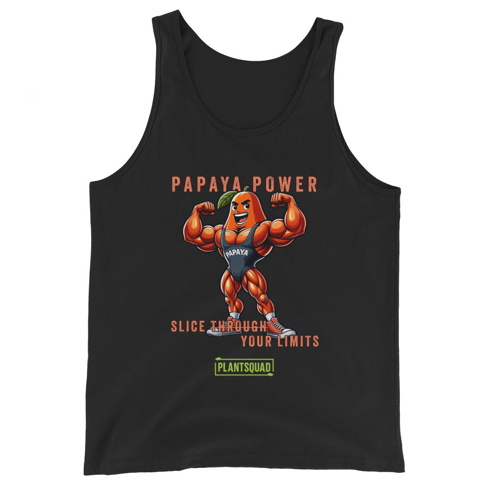 A Plantsquad Papaya "Papaya Power Slice Through Your Limits" - Unisex Tank Top featuring an illustration of a muscular papaya fruit character wearing gym attire, flexing its arms. The text reads "PAPAYA POWER" at the top, "SLICE THROUGH YOUR LIMITS" in the middle, and "PLANTSQUAD" at the bottom – perfect for those embracing a vegan lifestyle.