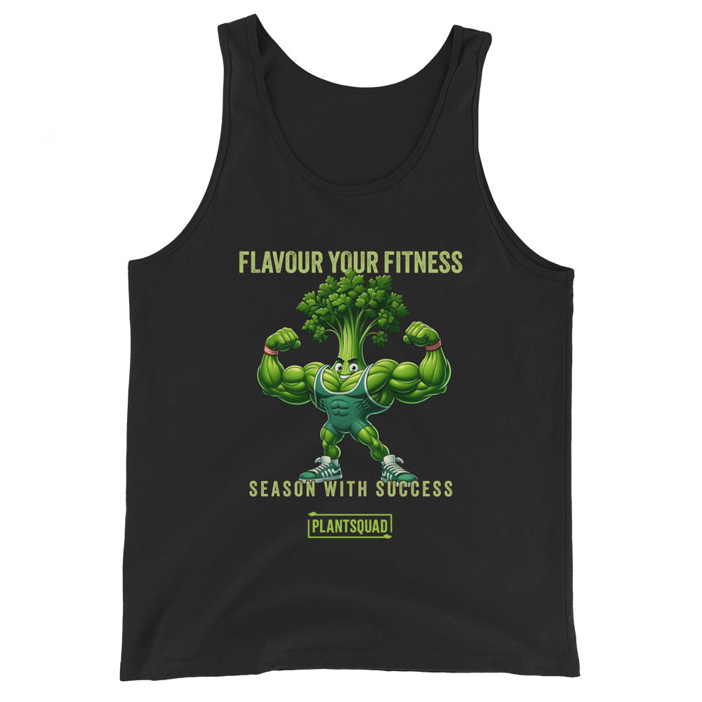 A black Plantsquad Parsley "Flavour Your Fitness Season With Success" - Unisex Tank Top featuring a cartoon image of a muscular broccoli flexing its arms. Above the broccoli, the text reads "FLAVOUR YOUR FITNESS" and below, it states "SEASON WITH SUCCESS." At the bottom, the text "PLANTSQUAD" is displayed. Perfect for your plant-based lifestyle or vegan gym wear collection.