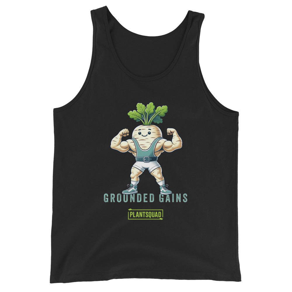 A Plantsquad Parsnip "Grounded Gains" - Unisex Tank Top featuring an illustration of a muscular radish flexing its arms in gym attire. Perfect for gym enthusiasts embracing the vegan lifestyle, it boasts the text "GROUNDED GAINS" above "PLANTSQUAD" at the bottom and is made from breathable fabric for maximum comfort.