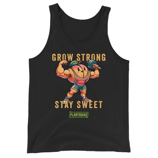 A black vegan workout tank top featuring an illustration of a muscular, happy anthropomorphic pumpkin lifting a dumbbell. The text above and below the pumpkin reads "Grow Strong Stay Sweet," with a green box at the bottom containing "PlantSquad." Perfect for showcasing your plant-based lifestyle! Introducing the Plantsquad Peach "Grow Strong Stay Sweet" - Unisex Tank Top.