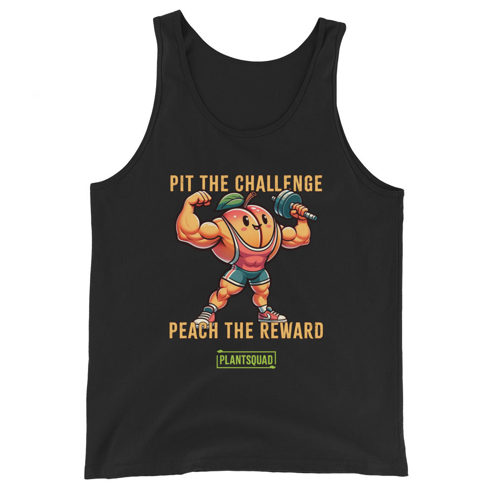 A black tank top featuring a muscly peach cartoon lifting a barbell. The text above the peach says "PIT THE CHALLENGE" and below it says "PEACH THE REWARD." Underneath, the word "PLANTSQUAD" is displayed on a green background, making it ideal vegan gym wear for those embracing a plant-based lifestyle. Plantsquad Peach "Pit The Challenge Peach The Rewards" - Unisex Tank Top