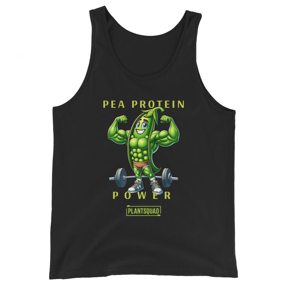 A black vegan workout tank, the Plantsquad Peas "Pea Protein Power" - Unisex Tank Top, features a muscular, anthropomorphic green pea flexing its biceps with a barbell on the ground behind it. Text above reads "Pea Protein Power" and below, "PlantSquad." The design promotes plant-based fitness.