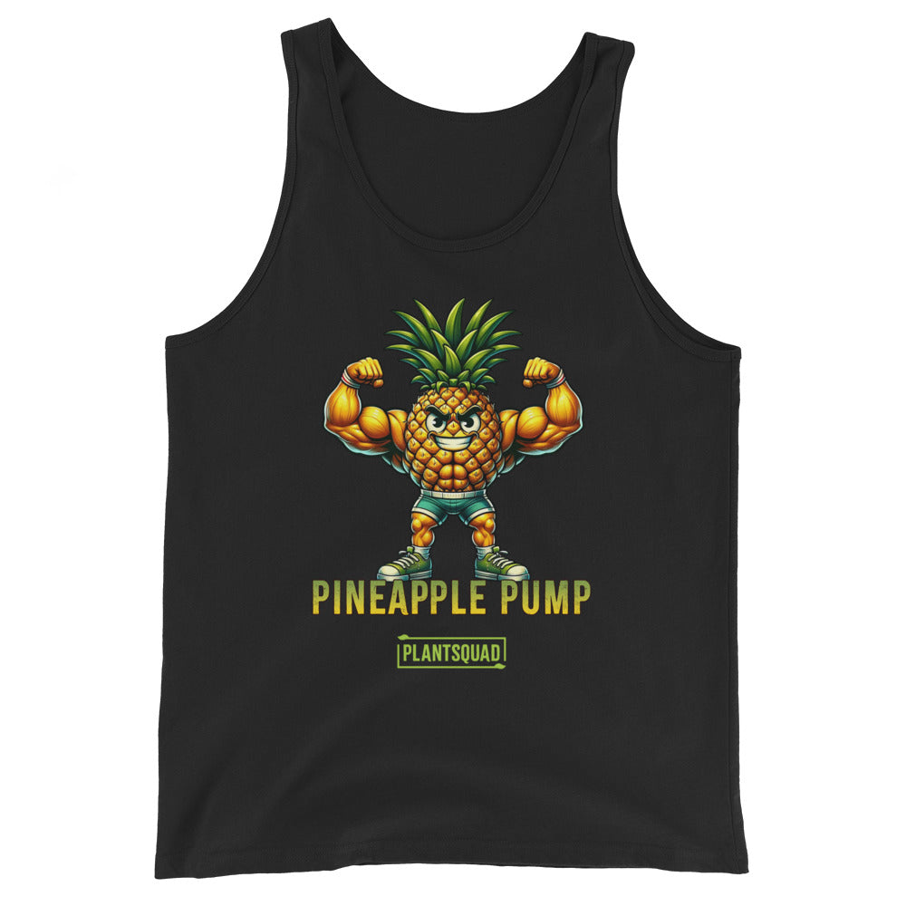 The Plantsquad Pineapple "Pineapple Pump" - Unisex Tank Top showcases a muscular cartoon pineapple flexing its muscles, with the text "Pineapple Pump" and "Plant SQUAD" printed below. Perfect for vegan gym enthusiasts, the smiling pineapple with a green leafy top embodies a plant-based lifestyle.