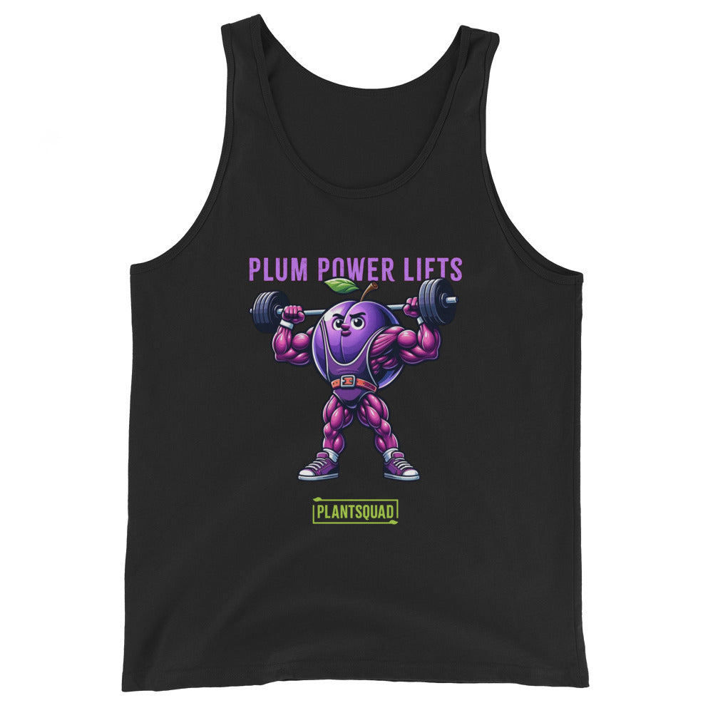 A black Plantsquad Plum "Plum Power Lifts" - Unisex Tank Top featuring a muscular cartoon plum lifting barbells. The text "PLUM POWER LIFTS" is displayed above the plum, and "PLANTSQUAD" is written at the bottom in green and white. Perfect for gym enthusiasts embracing a vegan lifestyle.