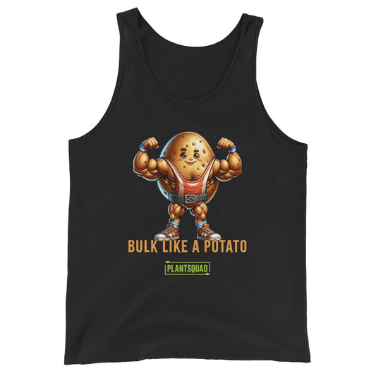 A black gym tank top features a muscular, cartoon potato lifting weights. The text below the potato reads, "BULK LIKE A POTATO," and underneath, "PLANTSQUAD" is written in green. This Plantsquad Potato "Bulk Like A Potato" - Unisex Tank Top is perfect for plant-based fitness enthusiasts.