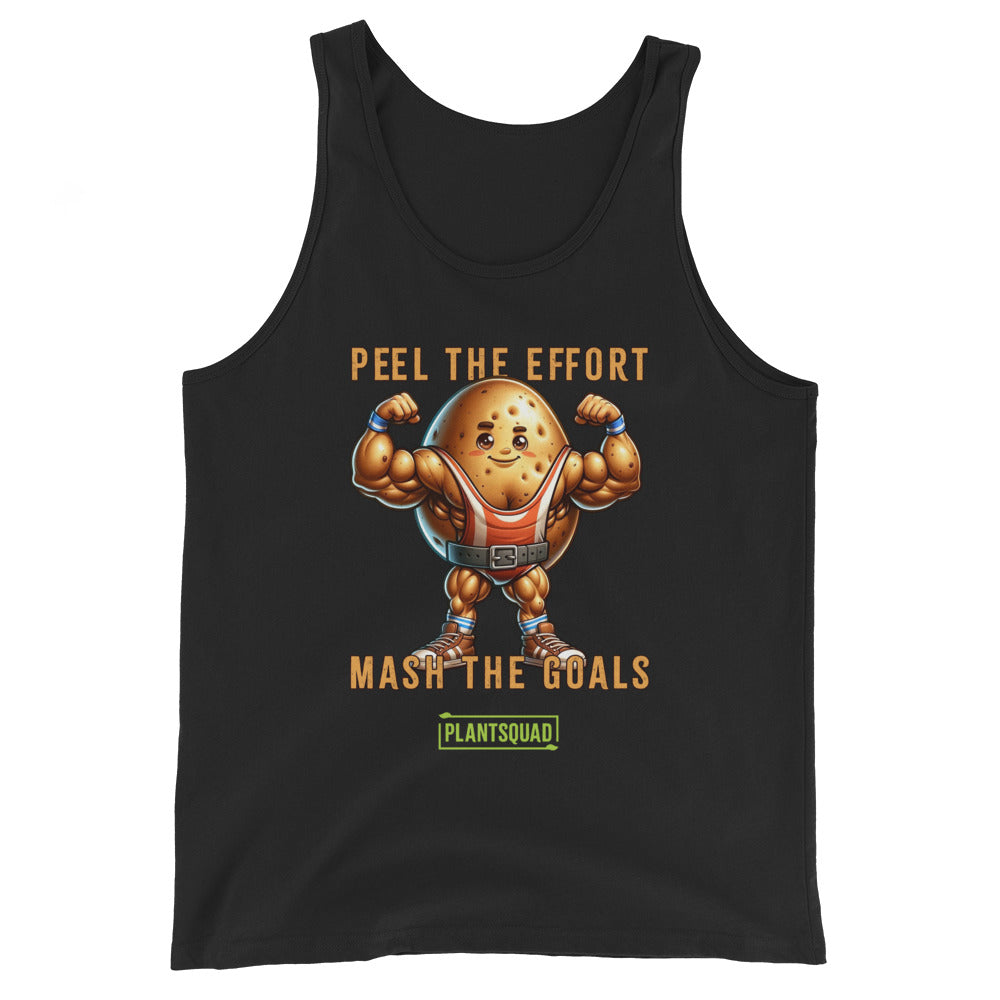 A Plantsquad Potato "Peel The Effort Mash The Goals" - Unisex Tank Top with a graphic of a muscly potato cartoon sporting muscular arms, wearing a belt, and flexing. Text reads "Peel the Effort" above and "Mash the Goals" below. A small "PlantSquad" logo is at the bottom. Perfect as plant-based gym apparel for your vegan workout routine.