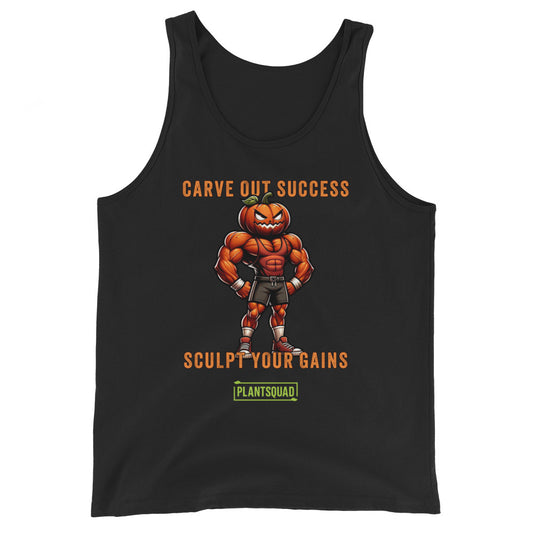 The Plantsquad Pumpkin "Carve Out Your Success Sculpt Your Gains" - Unisex Tank Top is a black vegan tank top featuring a muscular, anthropomorphic pumpkin lifting weights. Above the pumpkin, text reads "Carve Out Success." Below, text reads "Sculpt Your Gains." At the bottom is a green rectangular logo with the inscription "Plantsquad." Perfect for your next workout session.