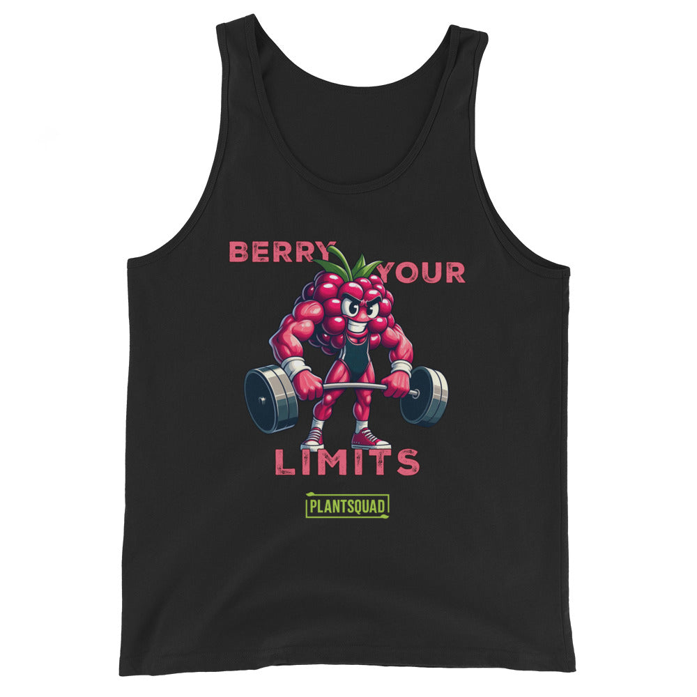 A Plantsquad Raspberry "Berry Your Limits" - Unisex Tank Top features a muscly raspberry cartoon lifting a barbell, embodying the plant-based lifestyle. The text "BERRY YOUR LIMITS" appears above the image, and "PLANTSQUAD" is displayed in a green box below the character.