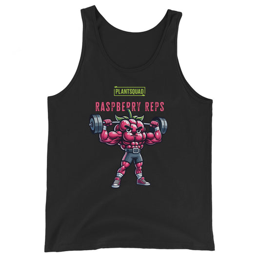 A black Plantsquad Raspberry "Raspberry Reps" - Unisex Tank Top featuring a muscly raspberry character lifting barbells. The character has muscular arms and legs, and is wearing shorts. Above it are the words "PLANTSQUAD" and "Raspberry Reps" in stylized fonts, perfect for fans of vegan fitness apparel.