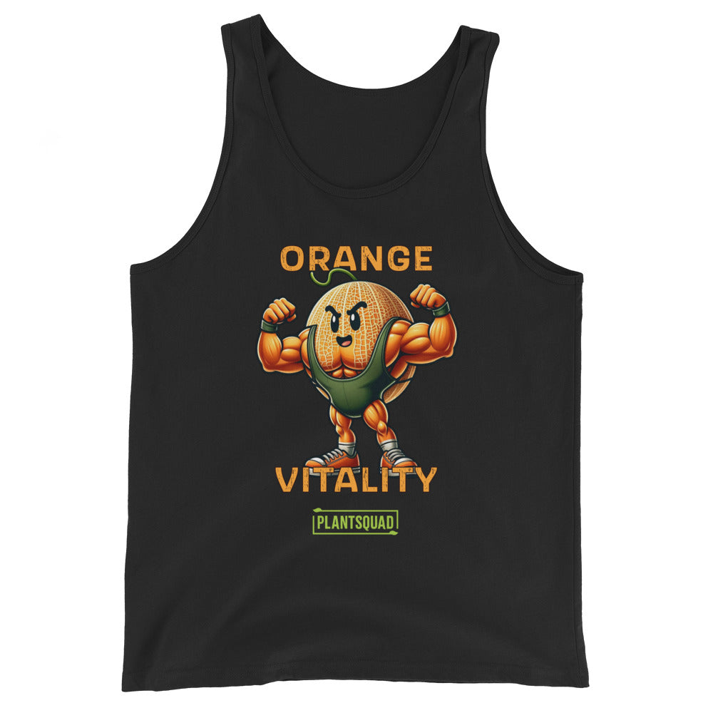 A black tank top featuring an illustrated muscular orange character flexing its arms. Above the character, the text reads "Orange Vitality" in bold orange letters, and below, a green banner with white text reads "PlantSquad." Perfect for gym enthusiasts who appreciate breathable fabric and a vegan lifestyle.

Replace with: The Plantsquad Rockmelon "Orange Vitality" - Unisex Tank Top is perfect for gym enthusiasts who appreciate breathable fabric and a vegan lifestyle.