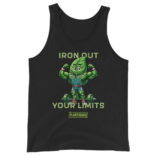 A Plantsquad Spinach "Iron Out Your Limits" - Unisex Tank Top features a cartoon muscular leaf character lifting weights, with the text "IRON OUT YOUR LIMITS" above and below the character, perfect for gym enthusiasts. Below the text is a logo with "PLANTSQUAD" written on it. Crafted from breathable fabric, it's ideal for a plant-based lifestyle.