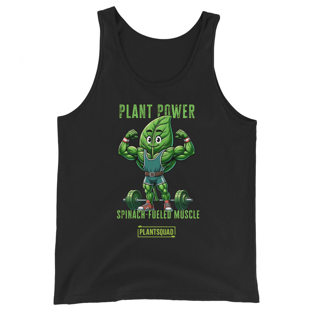 A Plantsquad Spinach "Plant Power Spinach Fueled Muscle" - Unisex Tank Top features a strong cartoon spinach character lifting weights. The text above the character reads "Plant Power," while below it says "Spinach-Fueled Muscle" and "Plantsquad Fitness Apparel." The design promotes a plant-based workout and strength.